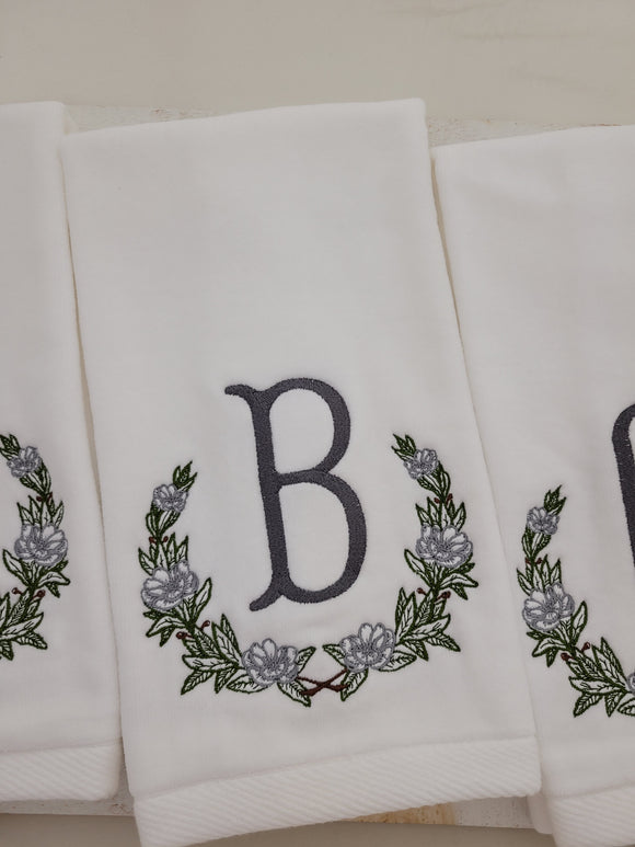 Monogrammed Hand Towel with Magnolia Wreath