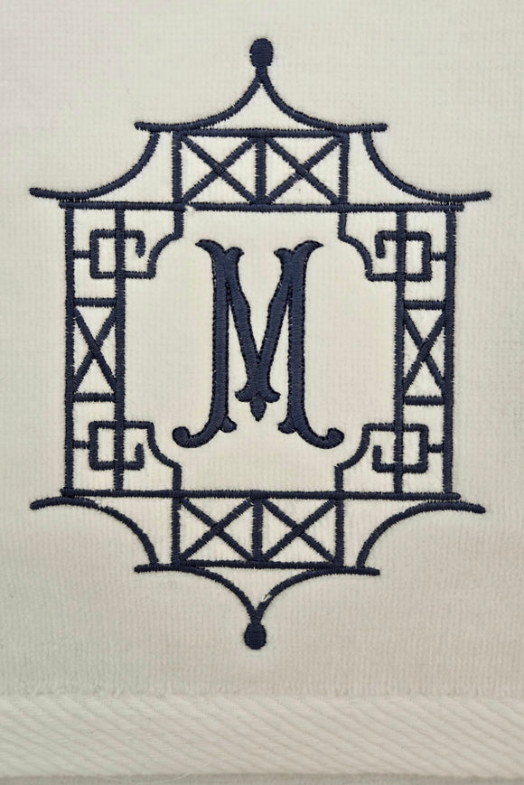 Chinoiserie Monogrammed Hand Towel with Romanesque Style Monogram