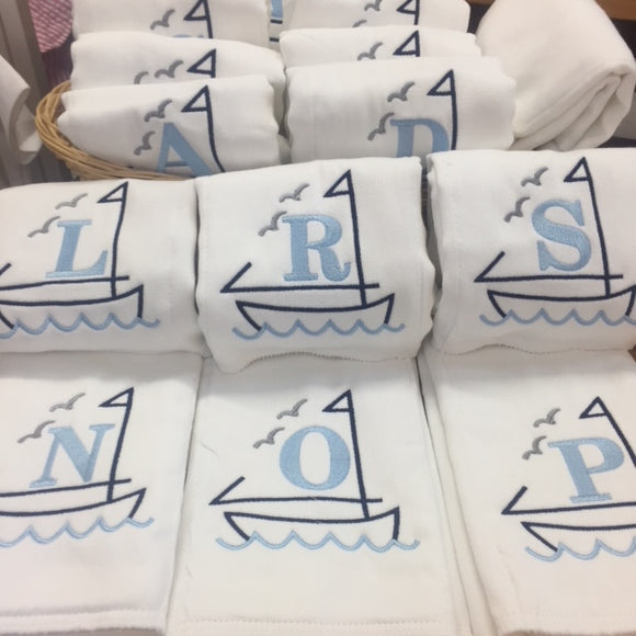 Sailboat with Initial Burp Cloth