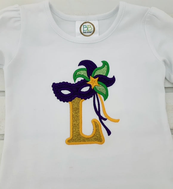 Mardi Gras Mask with Glitter Letter Applique on Short Sleeve T-Shirt