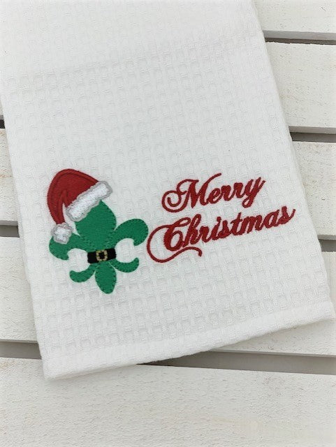 Merry Christmas Fleur De Lis Design Waffle Weave Towel