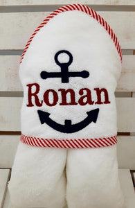 Anchor Design Hooded Bath Blanket with Red Trim with Personalization