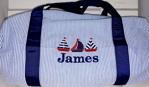 Sailboat Seersucker Medium Duffle Bag with Personalization