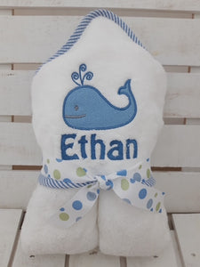 Whale Design Hooded Bath Blanket with Blue Trim with Personalization